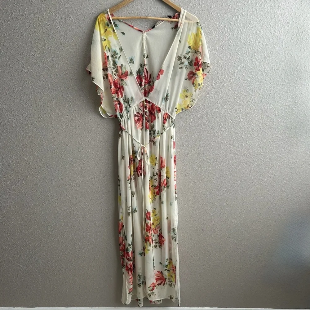 Zara sheer cream floral short sleeve coverup‎ maxi kimono duster